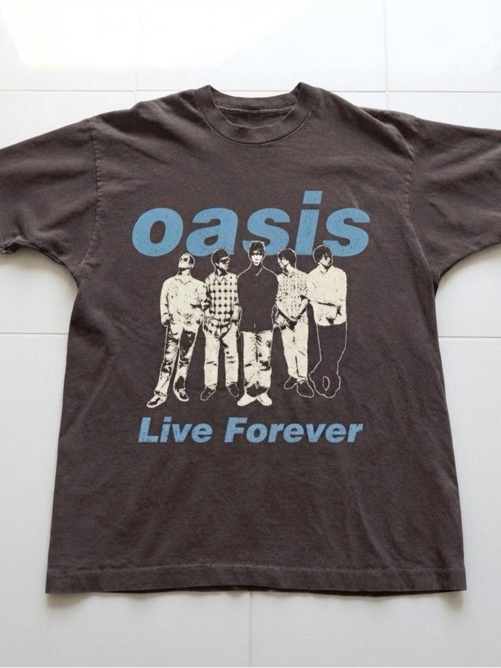 Vintage Oasis 'Live Forever' Graphic Tee in Brown with Blue Print